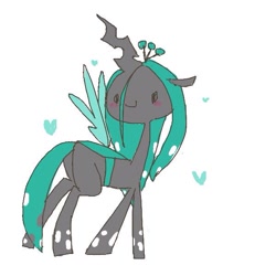 Size: 600x600 | Tagged: safe, artist:ume89s, queen chrysalis, changeling, changeling queen, blush sticker, blushing, bugbutt, butt, cute, cutealis, cuteling, female, heart, looking back, plot, smiling