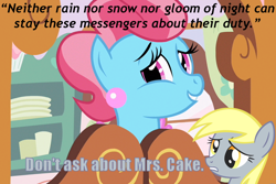 Size: 900x600 | Tagged: safe, artist:greseres, edit, edited screencap, screencap, cup cake, derpy hooves, pegasus, pony, baby cakes, caption, discworld, evadne cake, female, image macro, mare