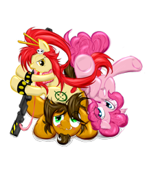 Size: 1152x1344 | Tagged: safe, artist:frist44, pinkie pie, oc, earth pony, pony, anime, crossover, gun, tengen toppa gurren lagann, upside down, yoko littner