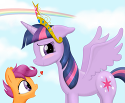 Size: 937x773 | Tagged: safe, artist:simeonleonard, derpibooru import, scootaloo, twilight sparkle, twilight sparkle (alicorn), alicorn, pony, blushing, duo, element of magic, female, heart, mare