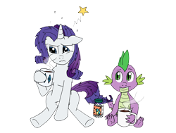 Size: 5328x4024 | Tagged: safe, artist:greenlinzerd, rarity, spike, dragon, pony, unicorn, absurd resolution, aspirin, bed mane, coffee, female, hangover, headache, male, mare, morning after, mug, shipping, sitting, sparity, straight