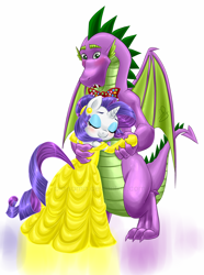 Size: 1000x1347 | Tagged: safe, artist:pia-sama, rarity, spike, dragon, pony, unicorn, beauty and the beast, bowtie, crossover, female, male, older, shipping, sparity, straight, winged spike