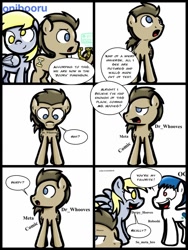 Size: 768x1024 | Tagged: safe, artist:alcoconut, derpy hooves, doctor whooves, oc, oc:roboshi, pegasus, pony, comic, doctor whooves is not amused, female, mare, ponibooru, so meta bro