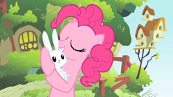 Size: 1280x720 | Tagged: safe, screencap, angel bunny, pinkie pie, earth pony, pony, baby cakes, unamused