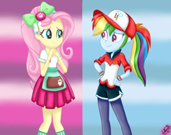 Size: 1780x1400 | Tagged: safe, artist:liniitadash23, derpibooru import, fluttershy, rainbow dash, cat, eqg summertime shorts, equestria girls, good vibes, pet project, clothes, looking at each other, smiling