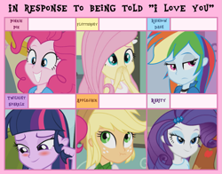 Size: 985x771 | Tagged: safe, derpibooru import, applejack, fluttershy, pinkie pie, rainbow dash, rarity, sci-twi, twilight sparkle, equestria girls, 6 pony meme, exploitable meme, humane five, humane six, meme