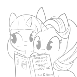 Size: 1080x1080 | Tagged: safe, artist:tjpones, derpy hooves, starlight glimmer, twilight sparkle, twilight sparkle (alicorn), alicorn, pony, unicorn, blushing, book, cuddling, dialogue, duo, duo female, female, friendshipping, glasses, grayscale, imminent snuggles, mare, misspelling, monochrome, nervous, platonic, platonic cuddling, reading, simple background, white background