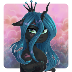 Size: 1600x1600 | Tagged: safe, artist:hollybright, queen chrysalis, changeling, changeling queen, cute, cutealis, female, human face, round face, smiling, solo