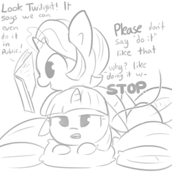 Size: 1080x1080 | Tagged: safe, artist:tjpones, starlight glimmer, twilight sparkle, twilight sparkle (alicorn), alicorn, pony, unicorn, book, dialogue, duo, duo female, female, floppy ears, grayscale, lying on top of someone, mare, monochrome, pillow, platonic, platonic cuddling, reading, simple background, white background