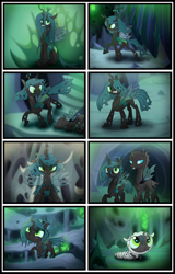 Size: 3840x6000 | Tagged: safe, artist:bonsia-lucky, queen chrysalis, changeling, changeling larva, changeling queen, nymph, absurd resolution, age regression, bowing, changeling hive, changeling princess, chrysalis' throne, cocoon, comic, commission, cute, cute little fangs, cutealis, cuteling, fangs, female, grin, no dialogue, open mouth, short mane, smiling, tongue out, walking, younger