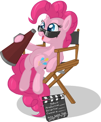 Size: 518x628 | Tagged: safe, artist:skorpionletun, pinkie pie, earth pony, pony, chair, clapperboard, director, director's chair, megaphone, simple background, solo, sunglasses, transparent background