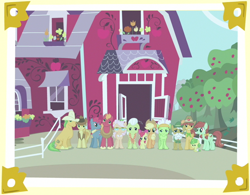 Size: 738x577 | Tagged: safe, screencap, apple bloom, apple rose, apple split, apple strudel, applejack, auntie applesauce, big macintosh, braeburn, bushel, candy apples, granny smith, half baked apple, hoss, earth pony, pony, apple family reunion, apple bud, apple family member, link, male, meta, stallion