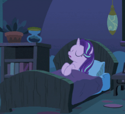 Size: 736x673 | Tagged: safe, screencap, starlight glimmer, pony, to where and back again, animated, bed, gif, hourglass, solo, starlight's room