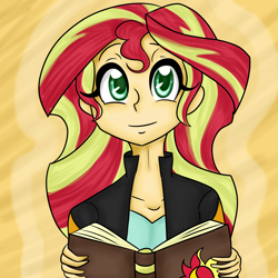 Size: 3000x3000 | Tagged: safe, artist:katkakakao, sunset shimmer, equestria girls, book, clothes, cute, journal, leather jacket, looking at you, shimmerbetes, solo