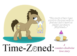 Size: 1024x744 | Tagged: safe, artist:vampteen83, derpy hooves, doctor whooves, pony, age regression, baby, baby bottle, baby pony, cookie, diaper, filly, food, muffin, time travel