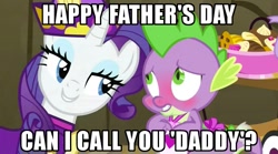 Size: 631x351 | Tagged: safe, edit, edited screencap, screencap, rarity, spike, dragon, pony, unicorn, dragon quest, apron, bedroom eyes, blushing, caption, clothes, father's day, female, hub logo, image macro, male, mare, meme, naked apron, rarity's bad pickup lines, shipping, sparity, straight