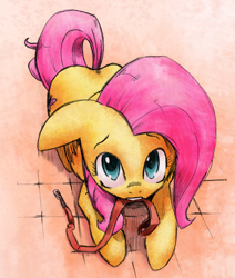 Size: 516x609 | Tagged: safe, artist:chromaskunk, artist:trips-ocho, fluttershy, pegasus, pony, colored, cute, leash, mouth hold, pony pet, shyabetes, solo