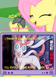 Size: 563x771 | Tagged: safe, fluttershy, pegasus, pony, arrow, eeveelution, exploitable meme, gen 6, happy, japanese, ninfia, nymphia, obligatory pony, pokémon, pokémon x and y, sylveon, tv meme