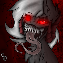 Size: 2516x2516 | Tagged: safe, artist:circethedemonnsfw, derpibooru import, oc, oc:circe shadow, demon, demon pony, original species, abstract background, demon horns, eyeshadow, glowing eyes, long tongue, makeup, sharp teeth, slit eyes, teeth, tongue out