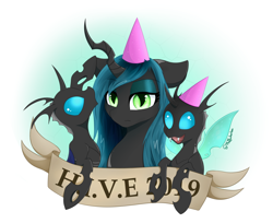 Size: 1280x1047 | Tagged: safe, artist:muffinkarton, queen chrysalis, changeling, changeling queen, pony, bust, changelings in the comments, cute, cutealis, cuteling, female, gradient background, hat, hive, party hat, queen chrysalis is not amused, signature, text, trio, unamused