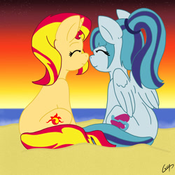 Size: 5000x5000 | Tagged: safe, artist:cessywotn, sonata dusk, sunset shimmer, pegasus, pony, unicorn, equestria girls, absurd resolution, beach, boop, cute, equestria girls ponified, eyes closed, female, lesbian, noseboop, nuzzling, ponified, ponytail, shimmerbetes, shipping, simple background, sitting, smiling, sonatabetes, sunata, sunset