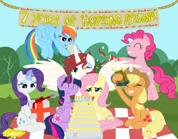 Size: 4200x3300 | Tagged: safe, artist:perinia, derpibooru exclusive, derpibooru import, applejack, derpy hooves, fluttershy, pinkie pie, rainbow dash, rarity, twilight sparkle, twilight sparkle (alicorn), oc, oc:fausticorn, alicorn, earth pony, pegasus, pony, unicorn, banner, box, bush, cake, candle, cider, cutie mark, eyes closed, female, flying, food, glowing horn, grass, grin, happy birthday mlp:fim, hat, hooves, horn, hug, lauren faust, levitation, magic, mare, mlp fim's seventh anniversary, muffin, mug, open mouth, party, party hat, party popper, picnic, present, rope, signature, smiling, spread wings, tankard, telekinesis, wings