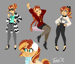 Size: 1024x880 | Tagged: safe, artist:endarie, sunset shimmer, human, pony, unicorn, equestria girls, alternate hairstyle, blushing, braid, clothes, cute, doodles, earmuffs, eyes closed, fashion, high heel boots, high heels, human ponidox, jewelry, nail polish, necklace, scarf, shimmerbetes, sitting, smiling, stretching, sunglasses, sweater