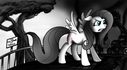 Size: 1000x552 | Tagged: safe, artist:jamescorck, fluttershy, pegasus, pony, assertive, badass, fence, flutterbadass, protecting, sign, tree