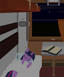 Size: 1033x1233 | Tagged: safe, derpibooru import, twilight sparkle, pony, unicorn, bed, blanket, book, cute, eyes closed, female, hooves, horn, lying down, mare, night, pillow, sleeping, solo, soviet union, train, train cabin, window
