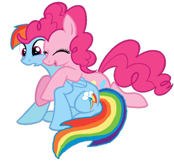 Size: 768x710 | Tagged: safe, artist:bronybase, artist:calicopikachu, artist:starryoak, derpibooru import, edit, pinkie pie, rainbow dash, earth pony, pegasus, pony, blushing, female, from behind, glomp, hug, lesbian, pinkiedash, shipping, simple background, transparent background