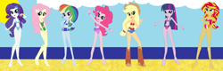 Size: 2000x640 | Tagged: safe, artist:dinalfos5, derpibooru import, applejack, fluttershy, pinkie pie, rainbow dash, rarity, sunset shimmer, twilight sparkle, equestria girls, clothes, eqg promo pose set, humane five, humane seven, humane six, navel cutout, one-piece swimsuit, swimsuit