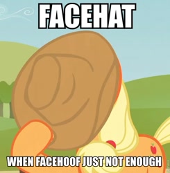 Size: 661x675 | Tagged: safe, screencap, applejack, earth pony, pony, apple family reunion, facehat, facehoof, image macro