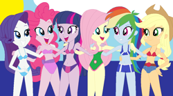 Size: 1023x566 | Tagged: safe, artist:dinalfos5, derpibooru import, applejack, fluttershy, pinkie pie, rainbow dash, rarity, twilight sparkle, equestria girls, belly button, bikini, clothes, navel cutout, one-piece swimsuit, swimsuit