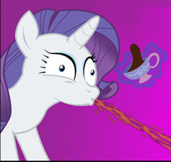 Size: 392x371 | Tagged: safe, rarity, pony, unicorn, magic, reaction, solo, spit, spit take, tea, teacup