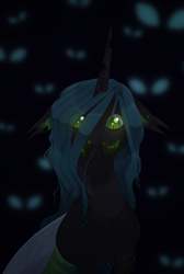 Size: 1462x2178 | Tagged: safe, artist:holocorn, queen chrysalis, changeling, changeling queen, eye, eye clipping through hair, eyes, fangs, female, floppy ears, hair over one eye, looking at you, sitting, slit eyes, solo