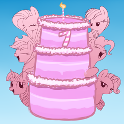 Size: 2000x2000 | Tagged: safe, artist:acersiii, derpibooru exclusive, derpibooru import, applejack, fluttershy, pinkie pie, rainbow dash, rarity, twilight sparkle, earth pony, pegasus, pony, unicorn, cake, eyes closed, food, gradient background, happy birthday mlp:fim, mane six, mlp fim's seventh anniversary, open mouth, smiling