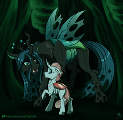 Size: 1260x1236 | Tagged: safe, artist:inuhoshi-to-darkpen, ocellus, queen chrysalis, changedling, changeling, changeling queen, compound eyes, duo, female, headcanon, looking at each other, mommy chrissy, mother and child, mother and daughter, parent and child, patreon, patreon logo, raised hoof, size difference