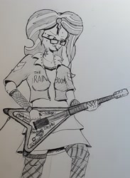 Size: 2683x3657 | Tagged: safe, artist:missmayaleanne, sunset shimmer, cigarette, clothes, flying v, glasses, grayscale, guitar, monochrome, music, smoking, solo, stockings, tattoo, traditional art