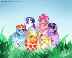 Size: 1500x1200 | Tagged: safe, artist:kitsunehino, derpibooru import, applejack, fluttershy, pinkie pie, rainbow dash, rarity, twilight sparkle, earth pony, pegasus, pony, unicorn, cute, dashabetes, diapinkes, jackabetes, mane six, raribetes, shyabetes, twiabetes