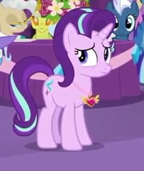 Size: 264x313 | Tagged: safe, screencap, mayor mare, night glider, starlight glimmer, changedling, changeling, pony, unicorn, celestial advice, equestrian pink heart of courage, jewelry, looking back, nervous, smiling, twilight's castle