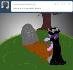 Size: 641x610 | Tagged: safe, artist:bluefast, derpibooru import, twilight sparkle, grave, gravestone, implied death, pun, shovel