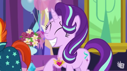 Size: 854x480 | Tagged: safe, screencap, starlight glimmer, sunburst, pony, unicorn, celestial advice, balloon, equestrian pink heart of courage, eyes closed, horn, jewelry, smiling, twilight's castle