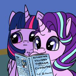 Size: 1080x1080 | Tagged: safe, artist:duop-qoub, artist:tjpones, starlight glimmer, twilight sparkle, twilight sparkle (alicorn), alicorn, pony, unicorn, :t, blushing, book, chest fluff, cuddling, cute, duo, duo female, embarrassed, female, glimmerbetes, mare, platonic, platonic cuddling, smiling, twiabetes