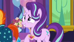 Size: 600x338 | Tagged: safe, screencap, starlight glimmer, sunburst, pony, unicorn, celestial advice, animated, equestrian pink heart of courage, gif, grin, smiling, solo focus, twilight's castle