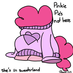 Size: 894x894 | Tagged: safe, artist:winter580, pinkie pie, pony, clothes, cute, gravity falls, hiding, sitting, solo, sweater, sweater town, the hand that rocks the mabel