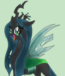 Size: 1022x1200 | Tagged: source needed, safe, artist:zigragirl, queen chrysalis, changeling, changeling queen, cute, cutealis, cuteling, fangs, female, floppy ears, happy, looking at you, simple background, solo, tongue out, traditional art, wings