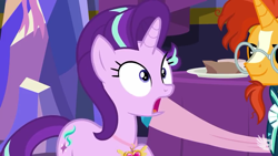 Size: 854x480 | Tagged: safe, screencap, starlight glimmer, sunburst, pony, unicorn, celestial advice, equestrian pink heart of courage, glasses, horn, jewelry, shocked, twilight's castle