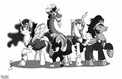 Size: 3398x2198 | Tagged: safe, artist:viejillox64art, discord, king sombra, nightmare moon, queen chrysalis, changeling, changeling queen, pony, black and white, clothes, dress, grayscale, monochrome, tuxedo