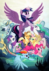 Size: 1650x2400 | Tagged: safe, artist:joy-ang, derpibooru import, applejack, fluttershy, pinkie pie, princess celestia, rainbow dash, rarity, spike, storm king, twilight sparkle, twilight sparkle (alicorn), alicorn, dragon, earth pony, pegasus, pony, unicorn, my little pony: the movie, the art of my little pony: the movie, concept art, mane seven, mane six