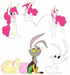 Size: 3310x3550 | Tagged: safe, artist:grievousfan, angel bunny, discord, fluttershy, pinkie pie, earth pony, pony, rabbit, basket, bunnified, bunny costume, bunnyshy, clothes, costume, female, male, mare, mouth hold, pronking, simple background, species swap, white background